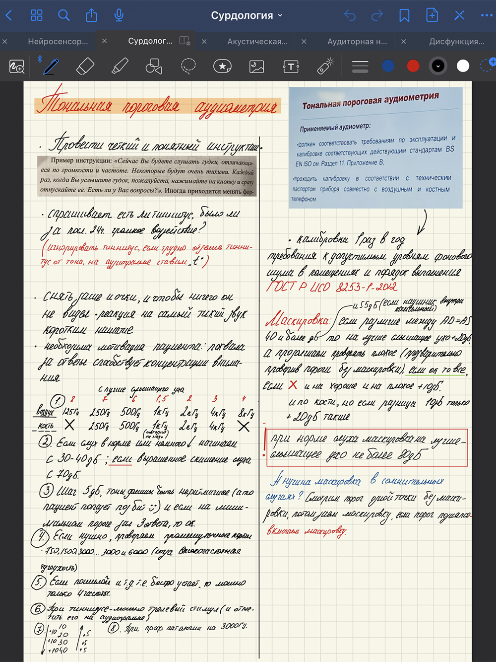 Конспект в GoodNotes по тональной пороговой аудиометрии — так называется процедура для определения порога слышимости