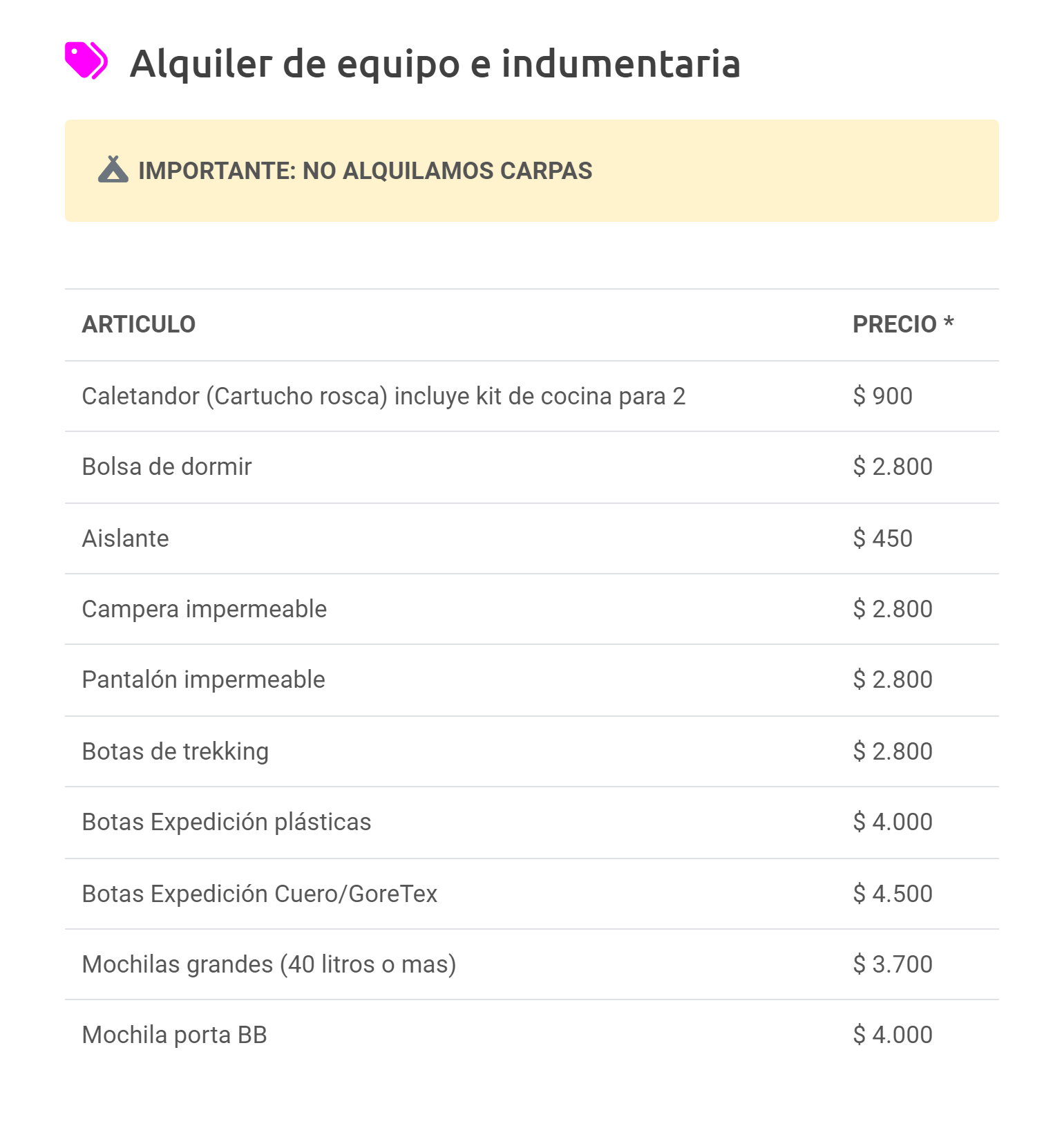 Прайс-лист магазина в поселке Эль-Чальтен, где я арендовал карабины для трекинга. Цены указаны в песо за сутки