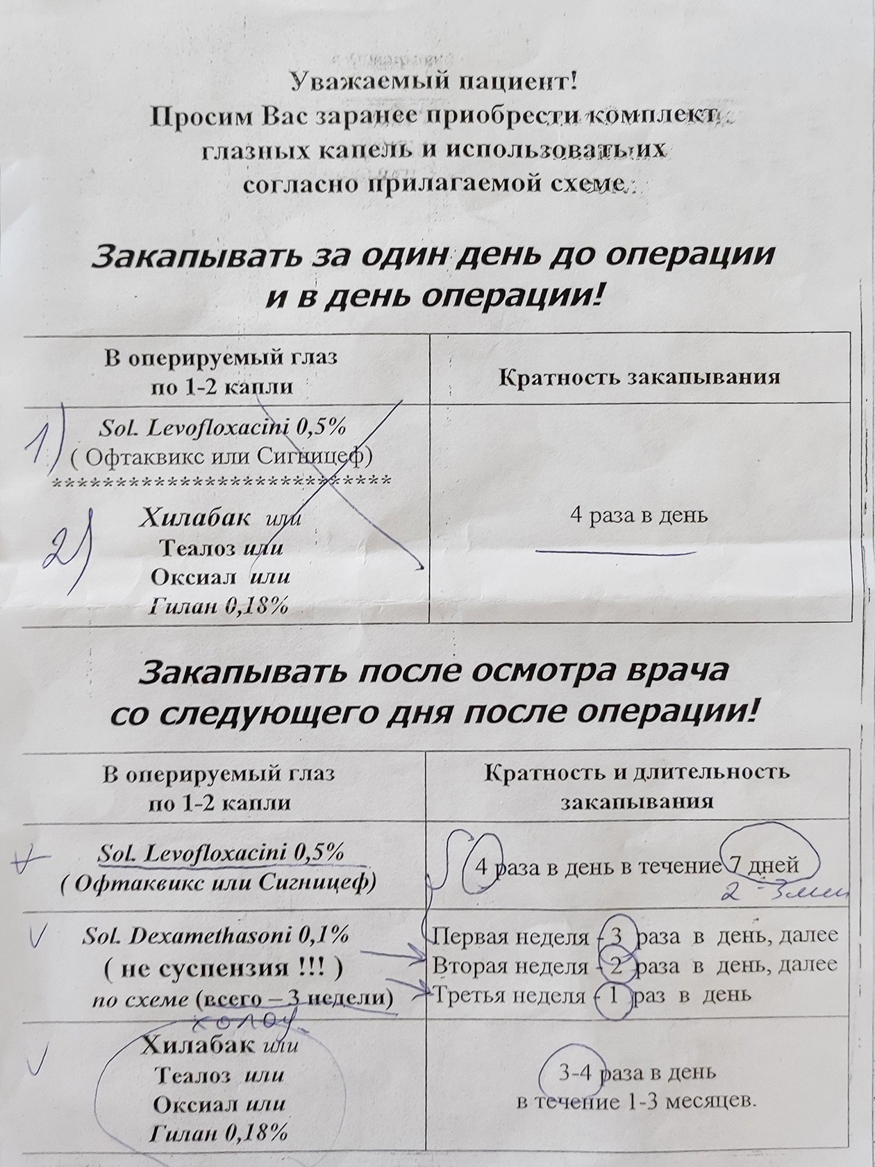 Вот такой листок-напоминание со схемой закапывания мне выдали в клинике