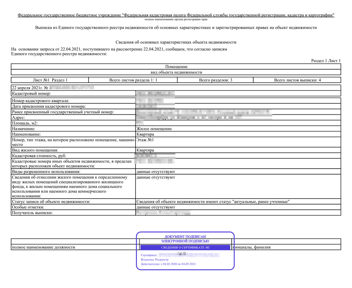 Так выглядит электронная выписка из ЕГРН правообладателя об основных характеристиках и зарегистрированных правах на объект недвижимости