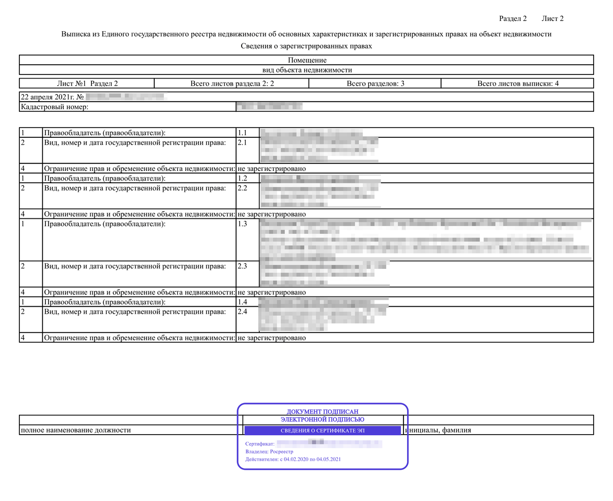 Так выглядит электронная выписка из ЕГРН правообладателя об основных характеристиках и зарегистрированных правах на объект недвижимости