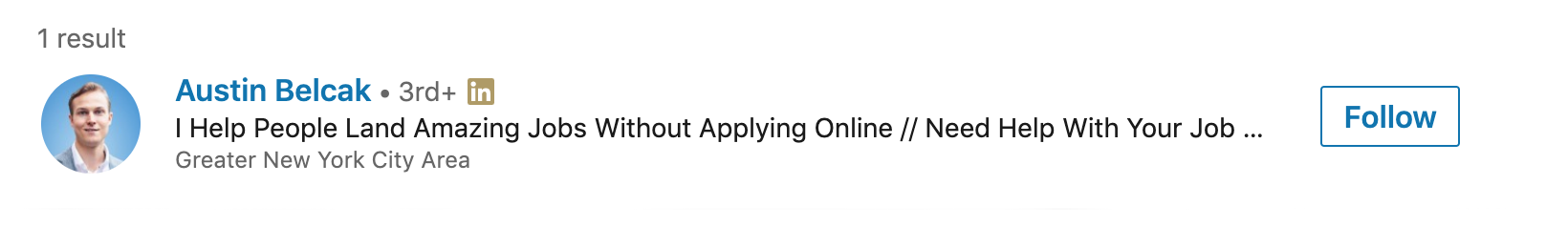 А здесь более удачный заголовок, хотя и слишком длинный — из-за этого «Линкед-ин» его сократил. Сразу понятно, чем этот человек полезен: он помогает получить хорошую работу. Есть и уникальное преимущество: не придется рассылать резюме всем работодателям и откликаться на вакансии. Возможно, Остин имеет прямые выходы на рекрутеров или знает какую-то хитрость