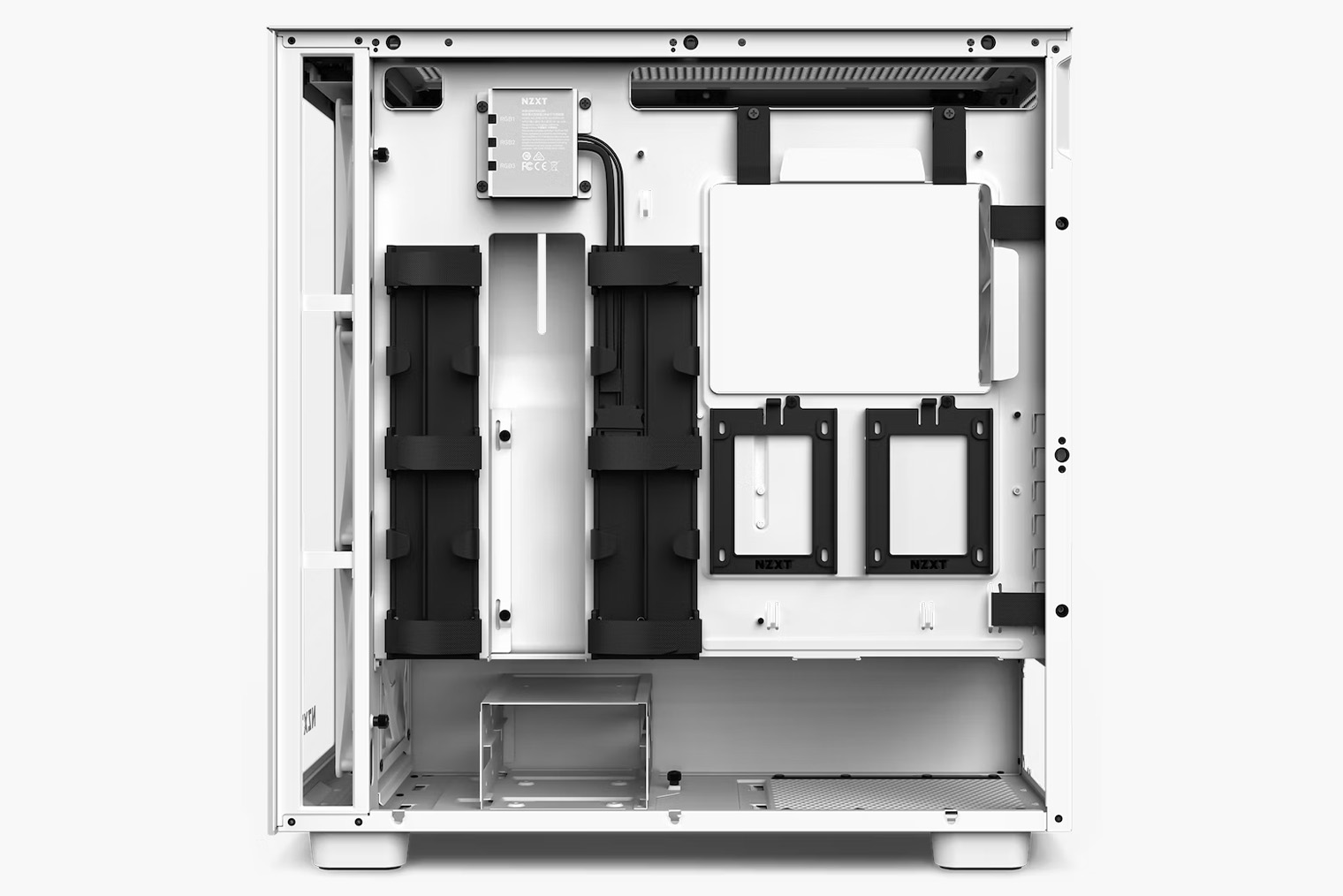 В корпусе NZXT H7 Elite предусмотрено три канавки — слева, по центру и справа, чтобы провода можно было тянуть к блоку питания откуда угодно. У каждой канавки есть крепление для стяжек и липучек. Источник: nzxt.com