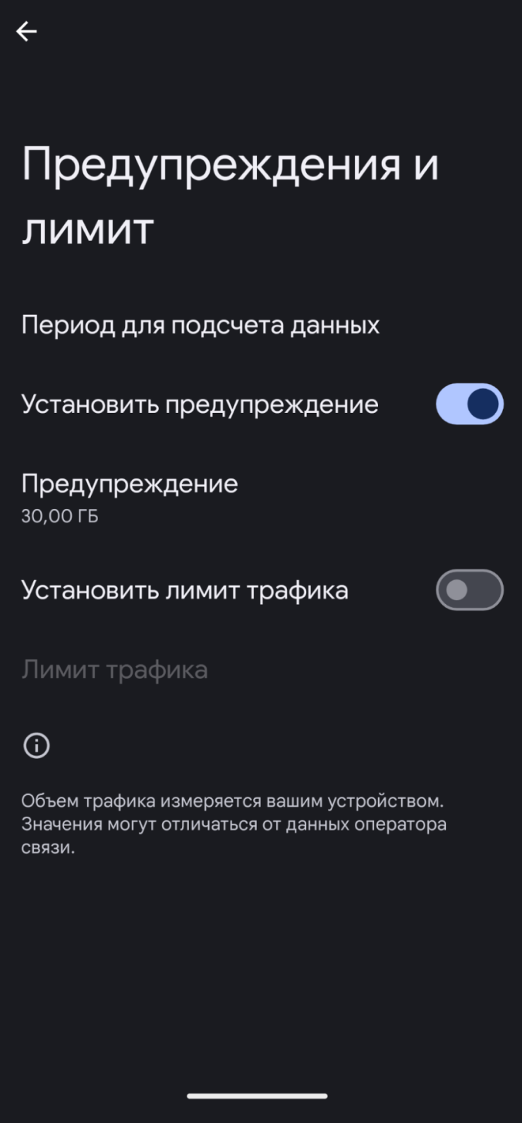 Андроид предупреждает, что рассчитывает потребленный трафик не так, как оператор, — поэтому лучше задать лимит чуть меньше, чем включено в тариф