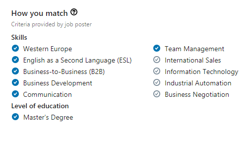 Когда открываете вакансию, сайт автоматически сверяет ваши навыки с требованиями работодателя. Вот я зашла в вакансию руководителя отдела продаж. Оказалось, что я почти подхожу: 7 из 11 навыков совпадают