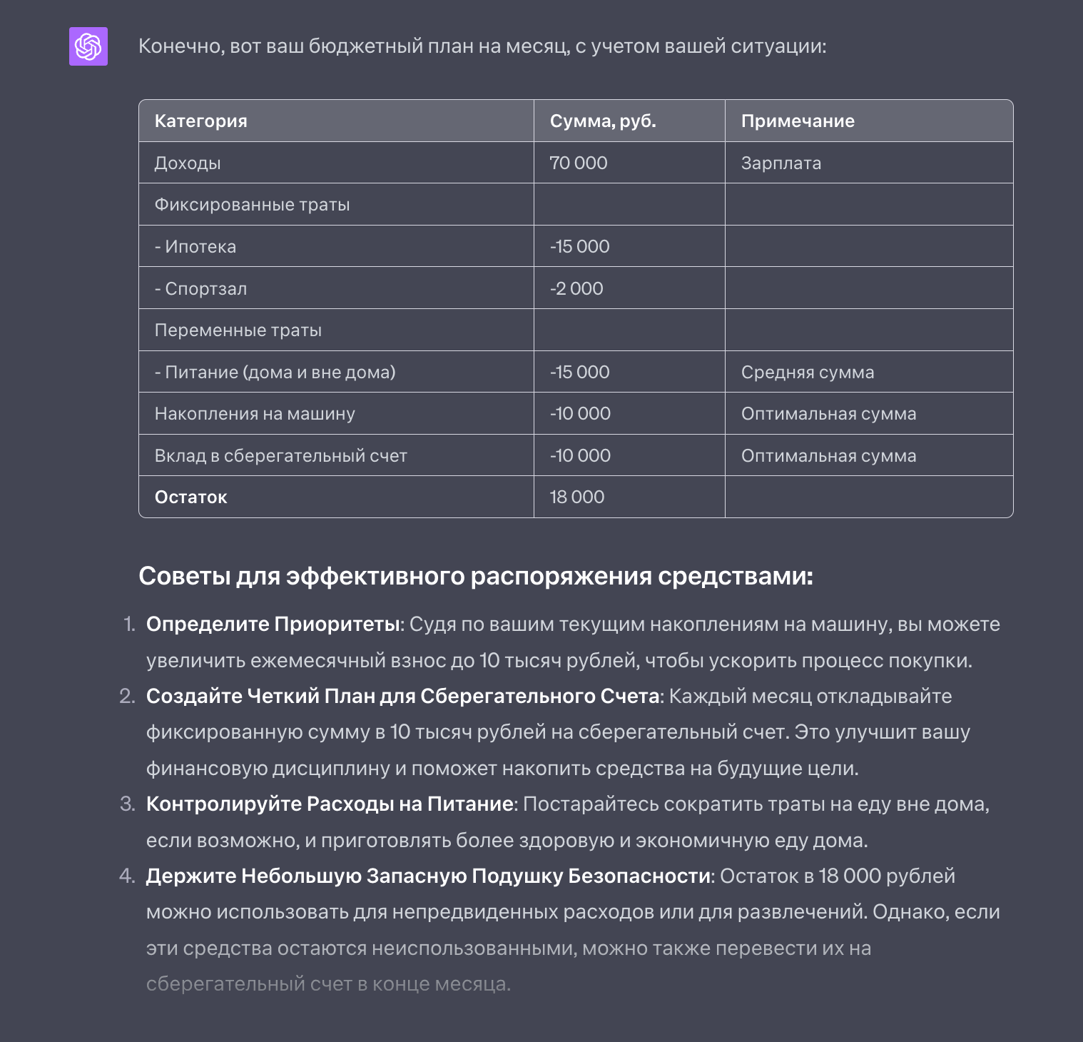 Бюджетный план на месяц с финансовыми советами от нейросети