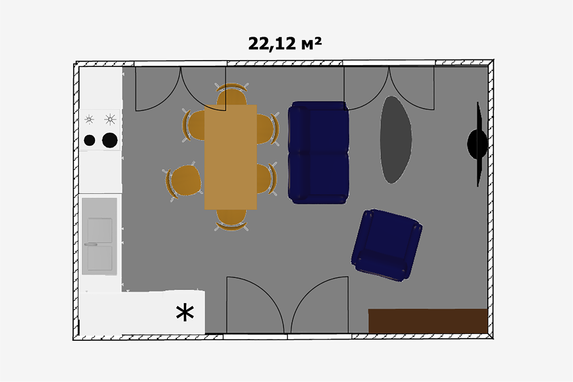 На площади 22 м² уже можно обустроить полноценную кухню-гостиную