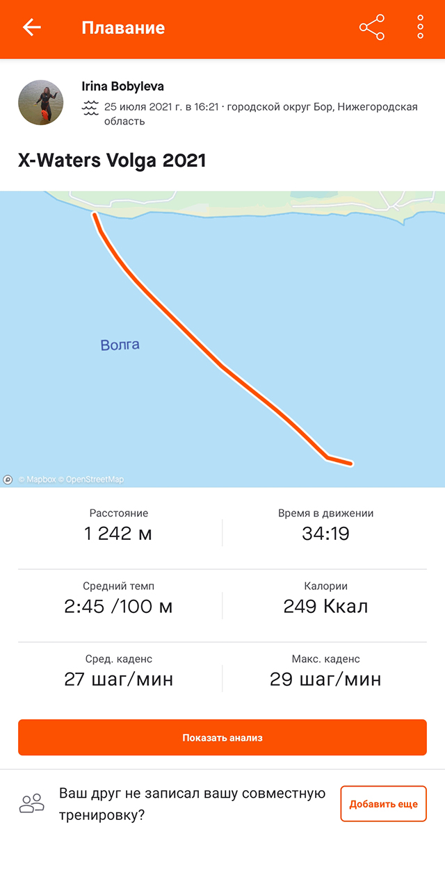 Трек заплыва на 1 км в приложение Strava передавался с моих спортивных часов. Если бы не сильное течение, я бы успела финишировать за контрольное время