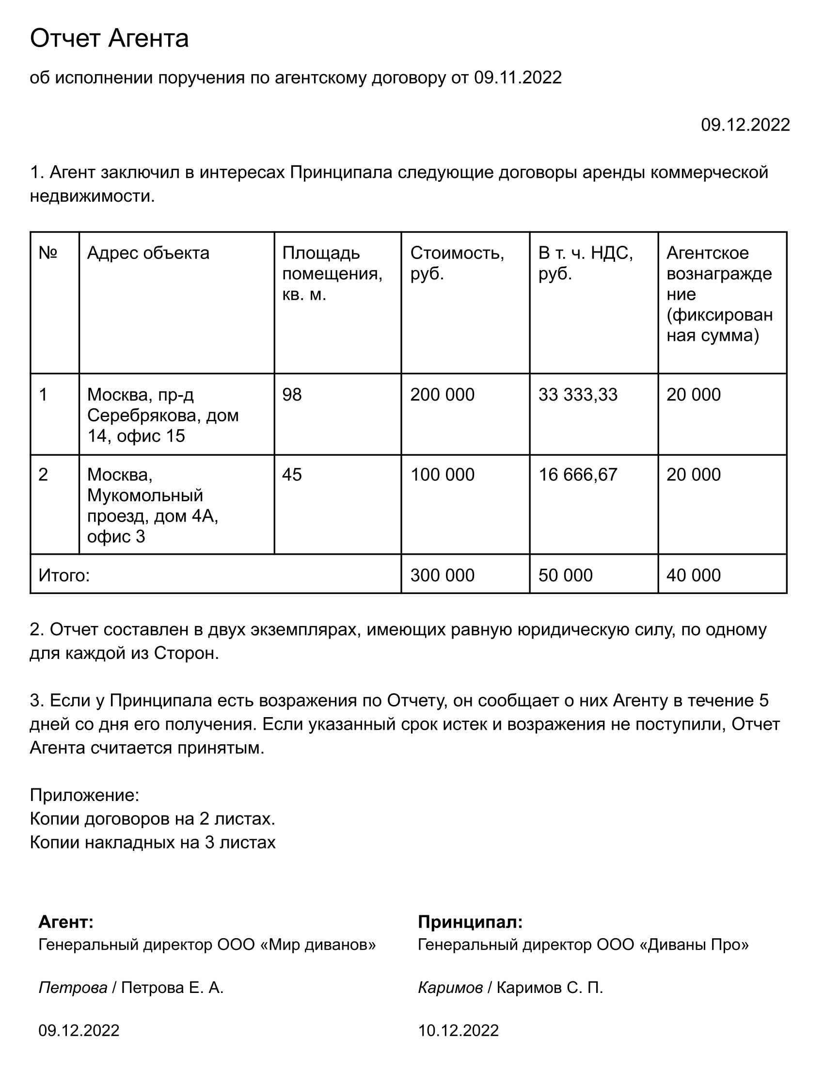 Шаблон отчета агента, который искал и арендовал для заказчика помещения. В договоре также можно предусмотреть, что к отчету агента нужно приложить документы, доказывающие исполнение обязательств. Например, заключенные договоры