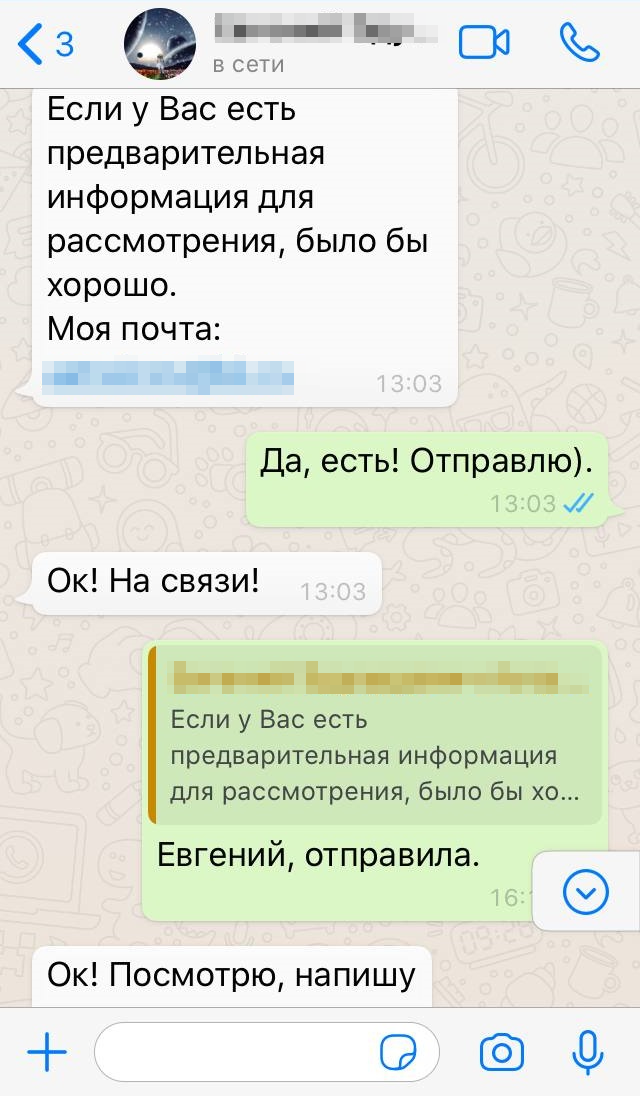 Первая переписка с бизнес-ангелом. Общение проходило в дружелюбном и неформальном тоне. Никаких заходов в духе «так и быть, выделю пять минут своего времени, показывайте, что там у вас» не было. Меня не просили заполнить заявку на 40 листах и собрать пакет документов по установленной форме и шаблонам