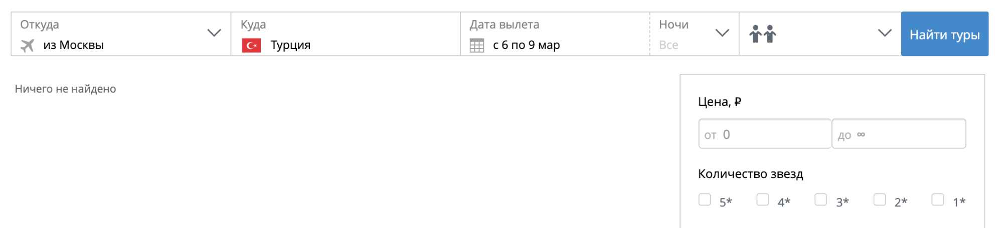 5 марта не удалось бы забронировать срочную поездку на побережье Турции — туров с 6 по 9 марта не осталось. Источник: «Пегас-туристик»