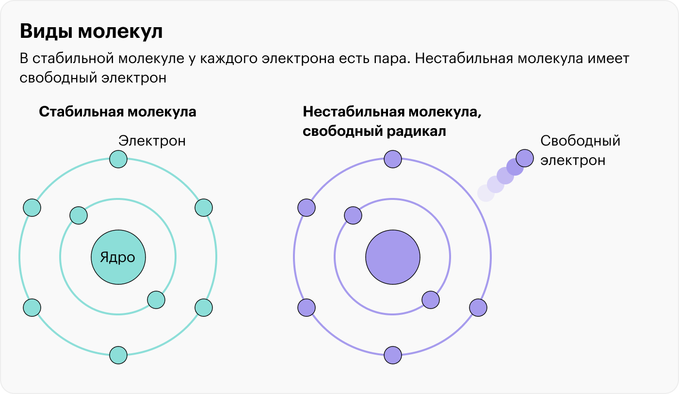 У свободного радикала есть электрон, которому не хватает пары. Он стремится восстановить идеальную структуру и забрать недостающий электрон у молекулы, которая попадется ему на пути