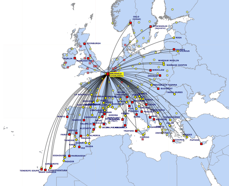 Карта полетов лоукостера Ryanair из аэропорта Шарлеруа до начала пандемии