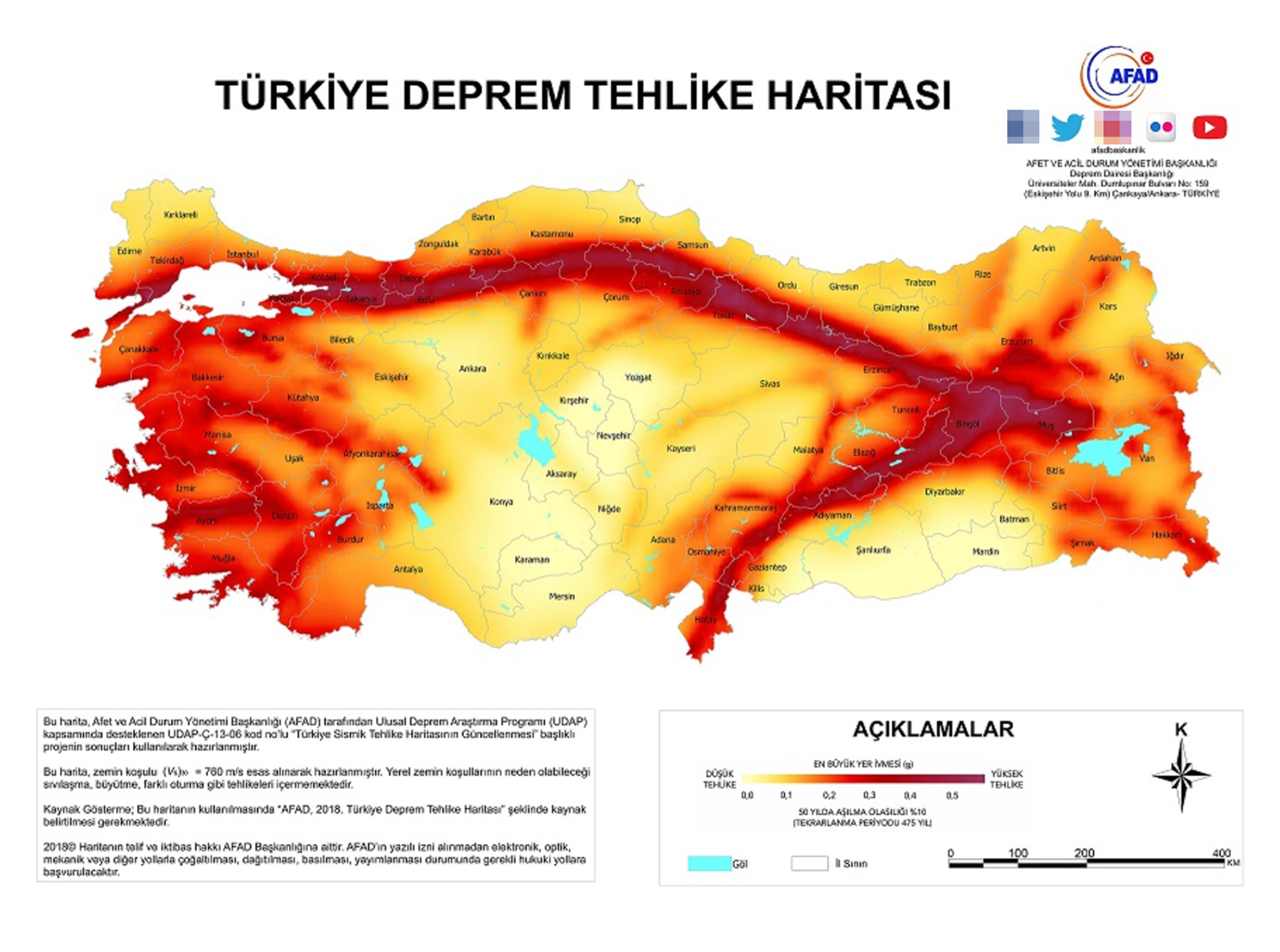 Карта риска землетрясений в Турции. Чем темнее регион на карте, тем выше риск. Источник: dask.gov.tr