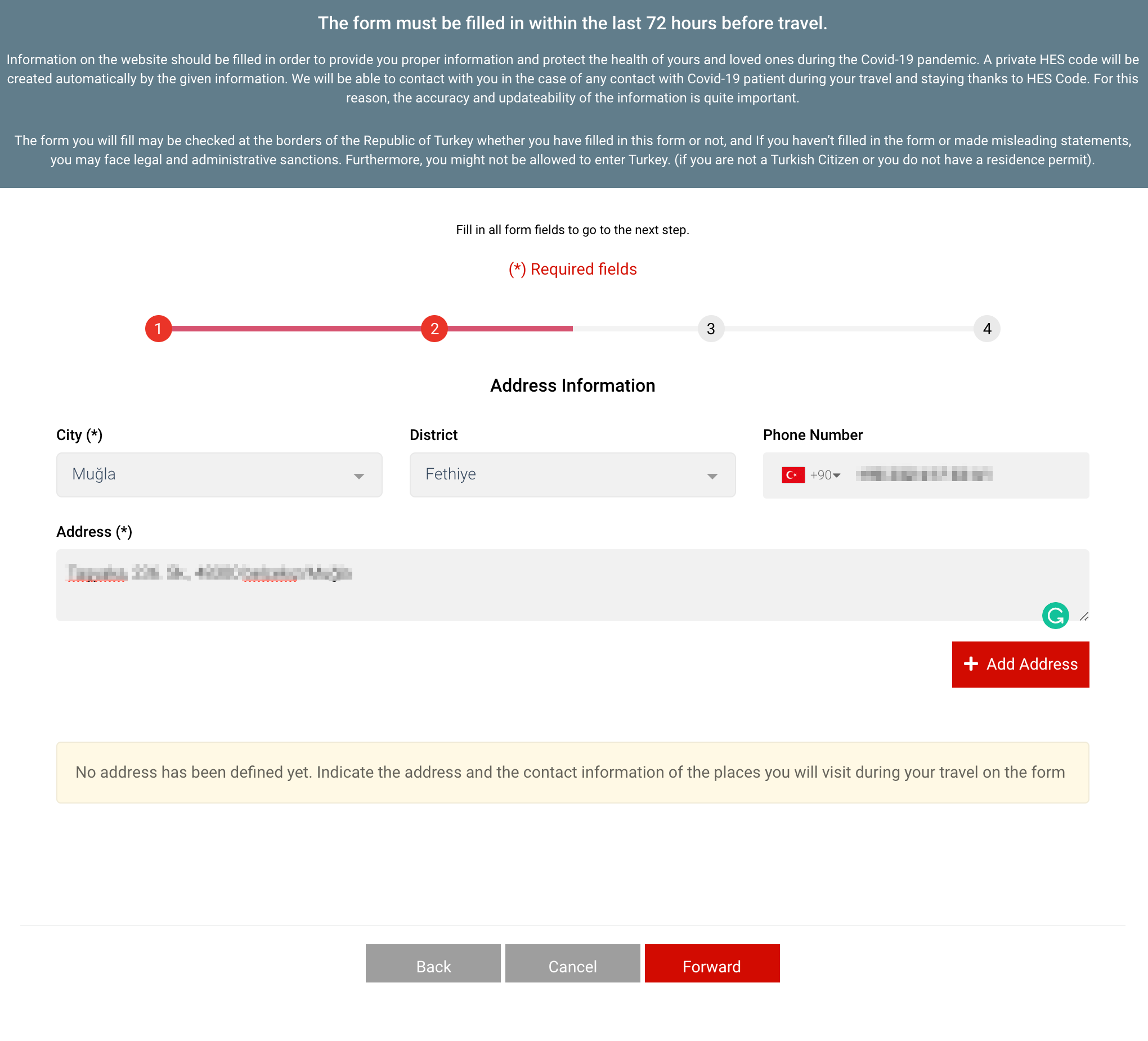 В анкете на портале register.health.gov.tr указывают паспортные и контактные данные, дату прибытия, адрес в Турции. А еще — страны, которые турист посетил за последние 10 дней