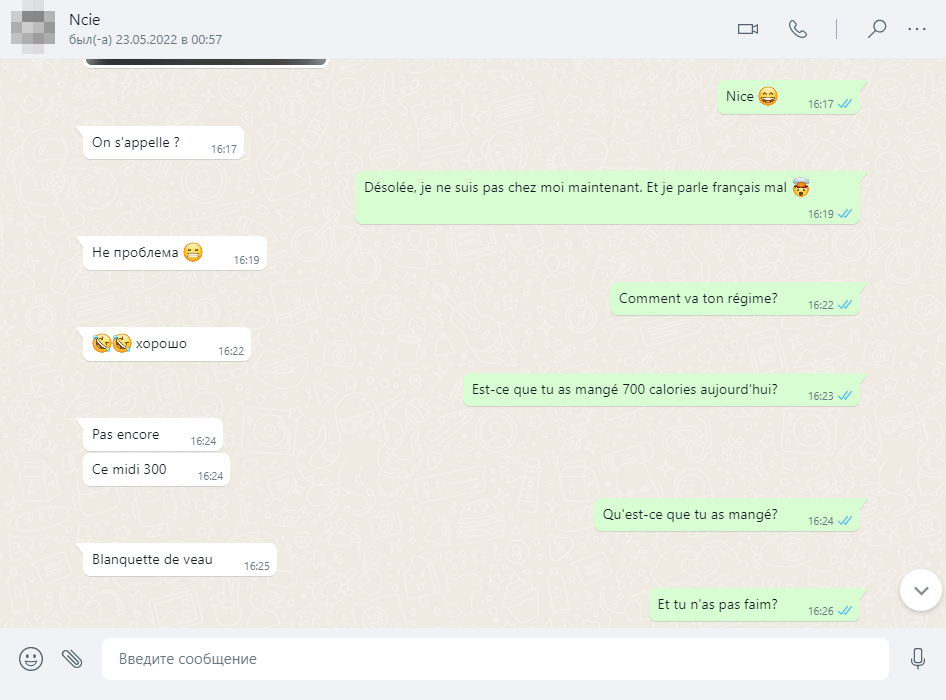 С французом с ником Ncie я познакомилась в Tandem, но переписывались мы в «Вотсапе» — так я делала со многими друзьями по переписке. Ncie изучает русский, поэтому иногда на нем писал