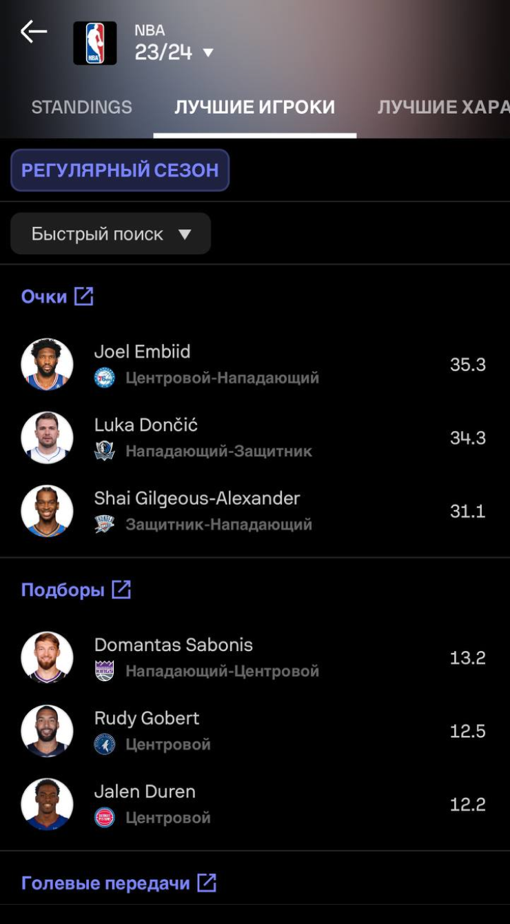 В разделе NBA есть таблица, календарь, статистика игроков и команд