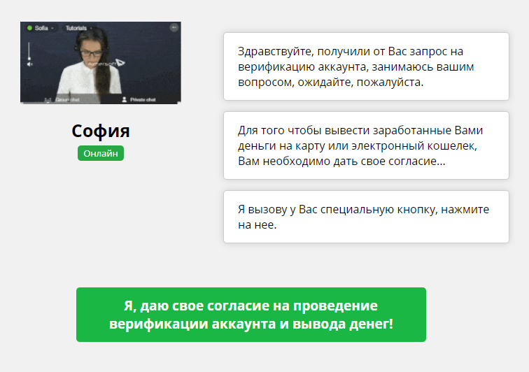 После набора необходимой суммы деньги вывести все равно не дают, просят пройти верификацию и заплатить 400 ₽. На сайте есть оператор София, которая якобы пишет сообщения каждому клиенту персонально