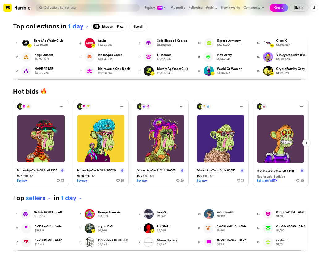 Стартовая страница Rarible. Обратите внимание на стоимость аукционной обезьянки — более 44 тысяч долларов