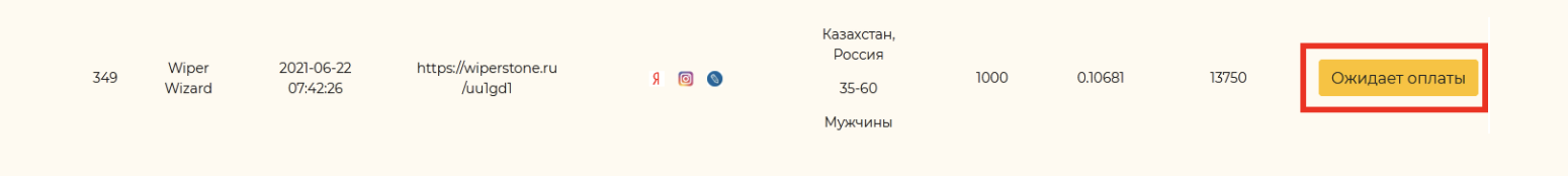 Когда я нажала «Добавить кампанию», то увидела ее в списке моих офферов. Сбоку была кнопка «Ожидает оплаты»