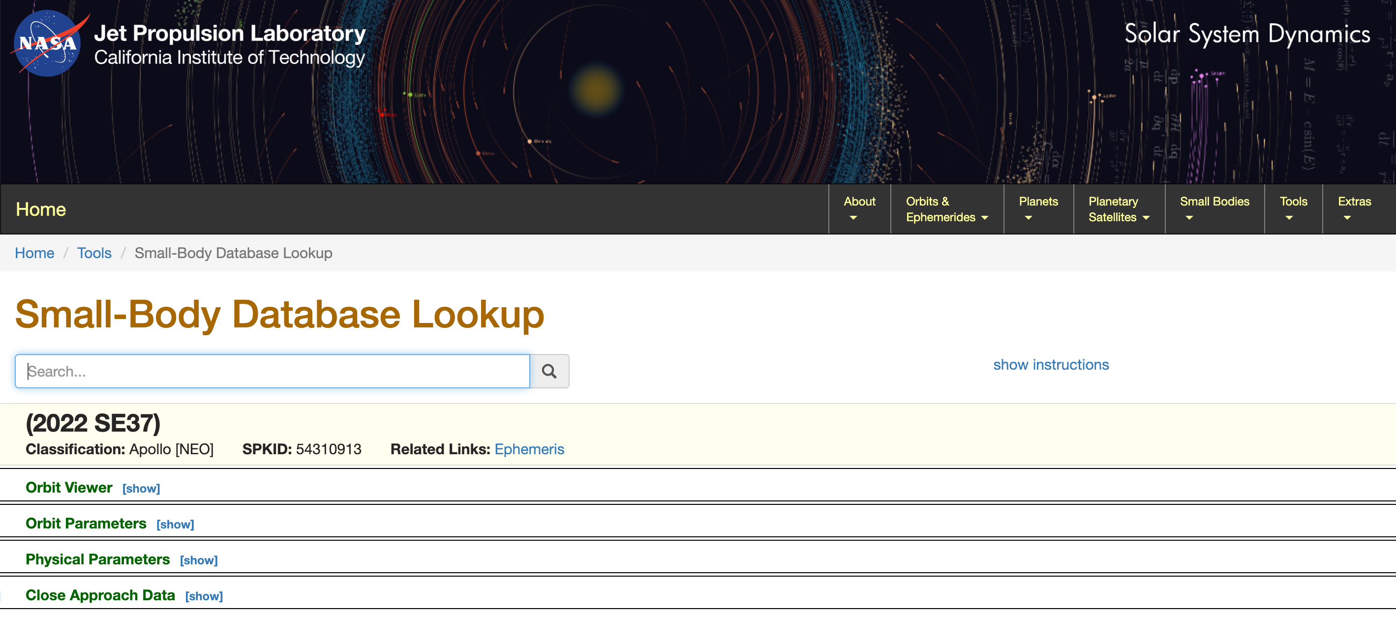 Так выглядит страница поиска, если ввести «2022 SE37». Источник: ssd.jpl.nasa.gov