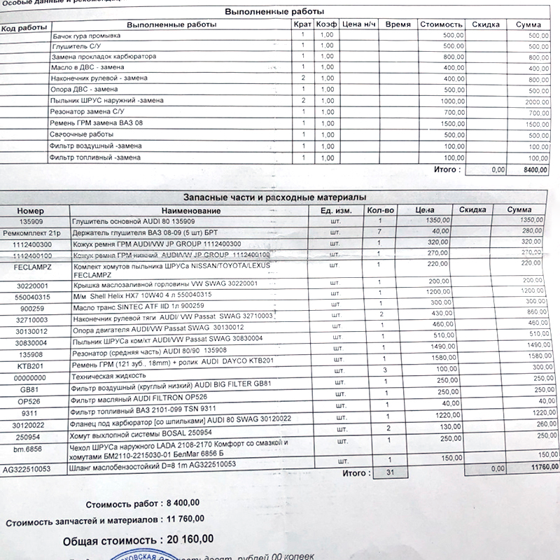 Заказ⁠-⁠наряд на работы и запчасти. Работы — 8400 ₽, запчасти — 11 760 ₽. Поговаривают, что тут все очень бюджетно, но откуда мне было знать: мне сказали, что будут ставить и сколько дать денег, — я согласилась. С тех пор прошло полтора года, вроде бы ничего не отвалилось и не оборвалось