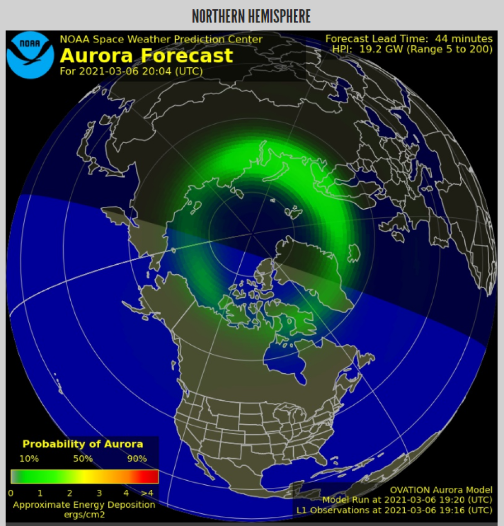 Краткосрочный прогноз границ аврорального овала на 6 марта 2021 года. Источник: swpc.noaa.gov