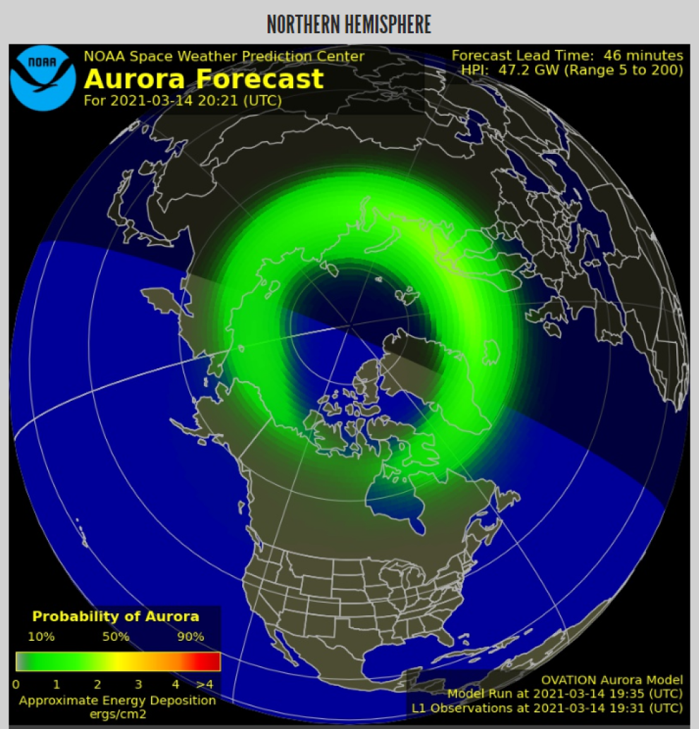 По прогнозу на 14 марта 2021 года сияние ожидалось более ярким и обширным. Источник: swpc.noaa.gov