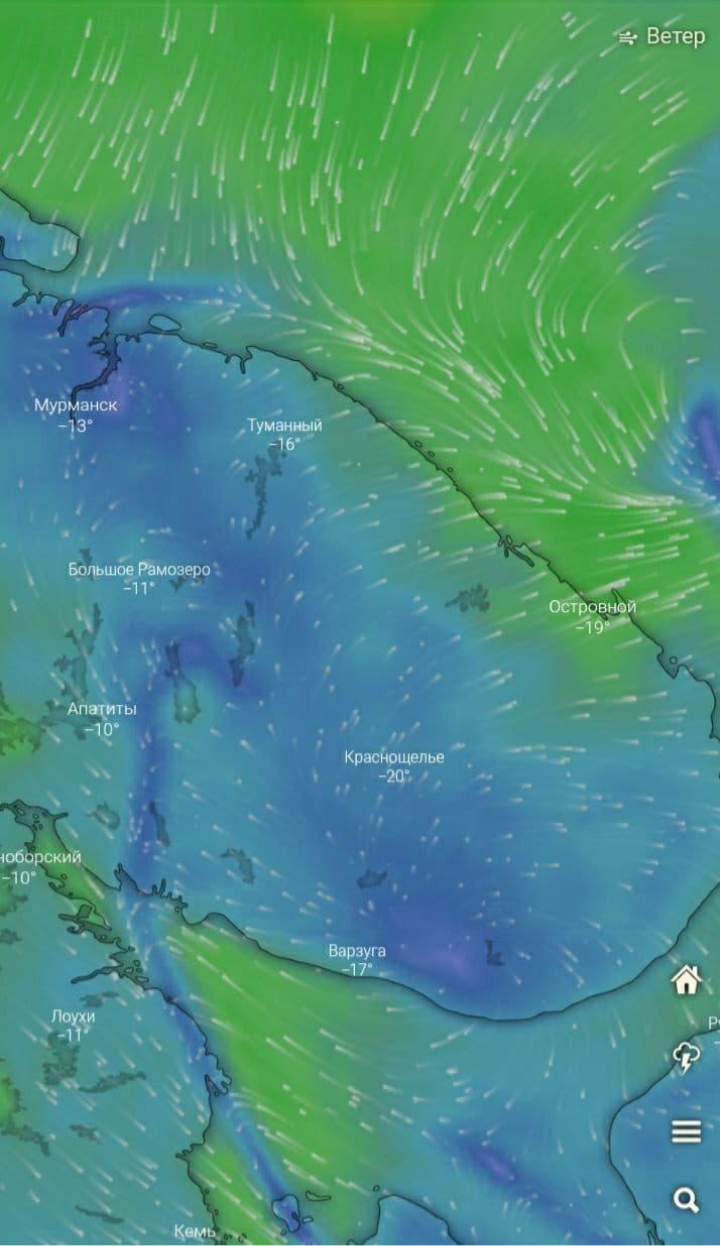 Интерфейс приложения Windy. В нем отражаются данные об осадках, скорости и направлении ветра, перепадах температуры