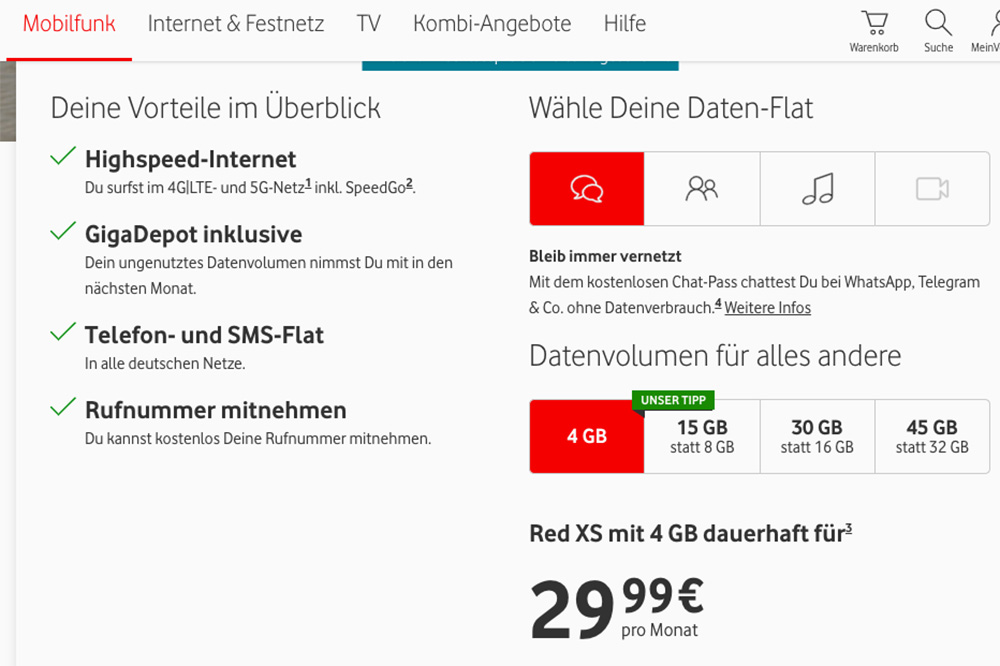 Цены на мобильную связь от Vodafone — 4 Гб обойдутся в 29,99 €