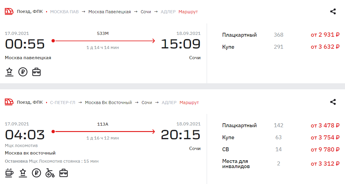 Чем раньше покупать билет, тем дешевле: билет в купе поезда Москва — Сочи в июле 2021 года стоит 4236 ₽, в сентябре — 3632 ₽