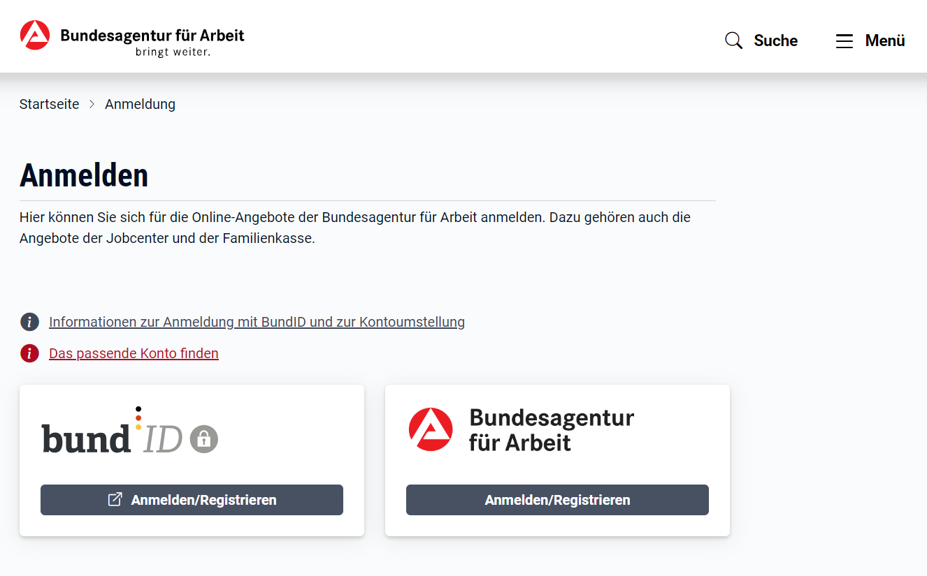 Агентство занятости предлагает зарегистрироваться через систему bundID, но у меня этот способ не работает. Якобы мой компьютер слишком старый, хотя я купила его всего пять лет назад. Источник: arbeitsagentur.de