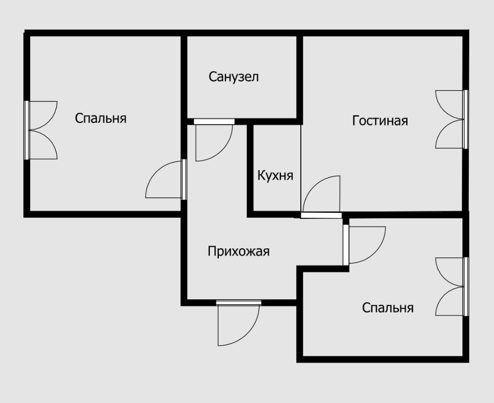 Перепланировка кажется такой же — зону кухни перенесли и присоединили к гостиной, а на ее месте обустроили спальню. Но на этот раз кухня расположена на территории бывшей прихожей, то есть в нежилой зоне