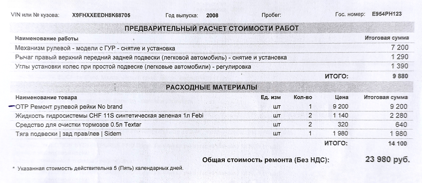 Расчет стоимости ремонта рейки. Мы решили, что это дорого, и с тех пор ремонтируем авто в другом месте