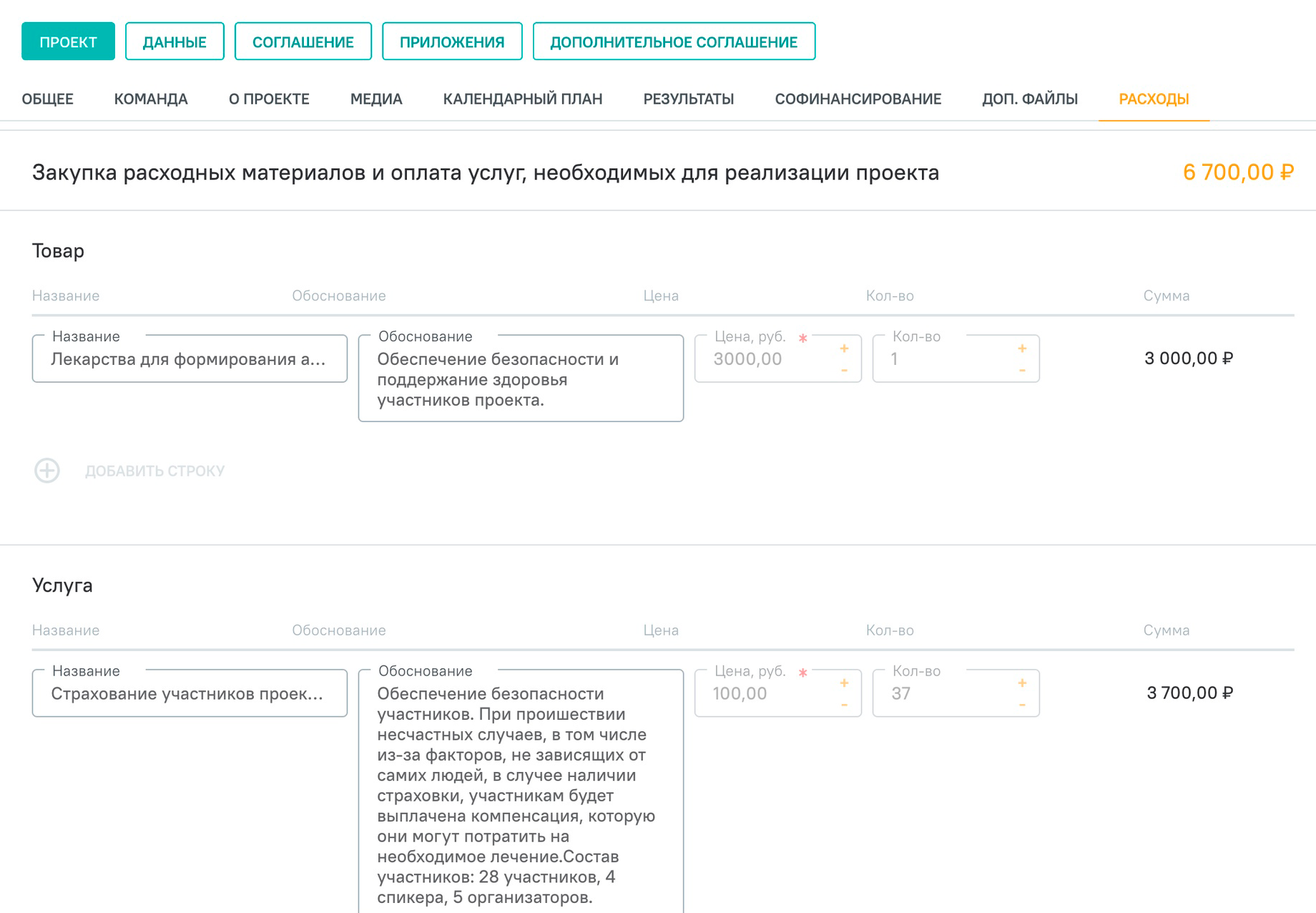 Проектная смета на 2022 год