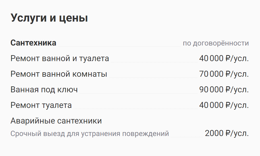 Это типичный прайс на ремонт ванной у частных мастеров без лицензии. Источник: «Профи-ру»