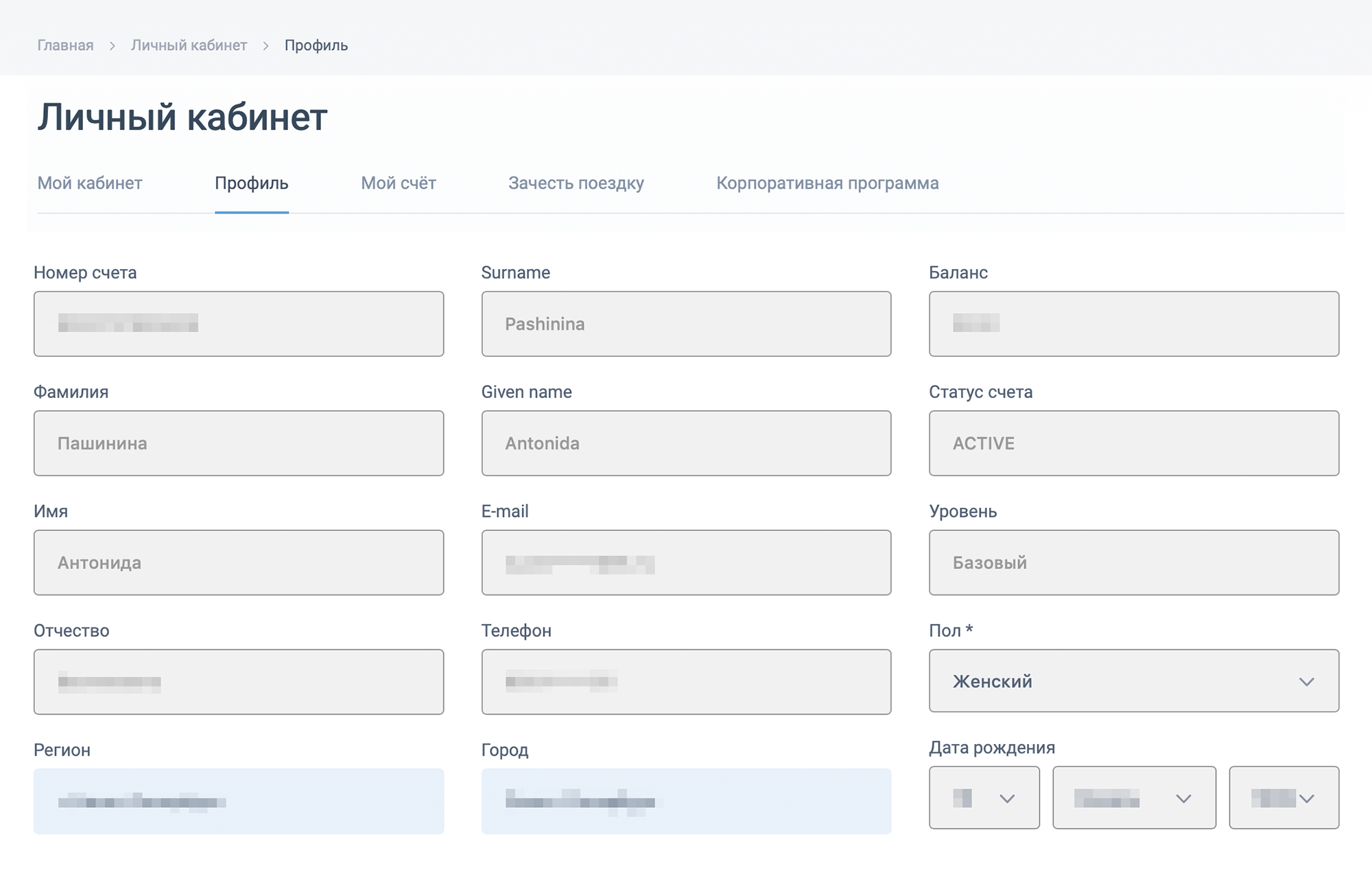 Так выглядит личный кабинет на сайте «РЖД-бонус». Серые поля — те, в которые нельзя внести изменения
