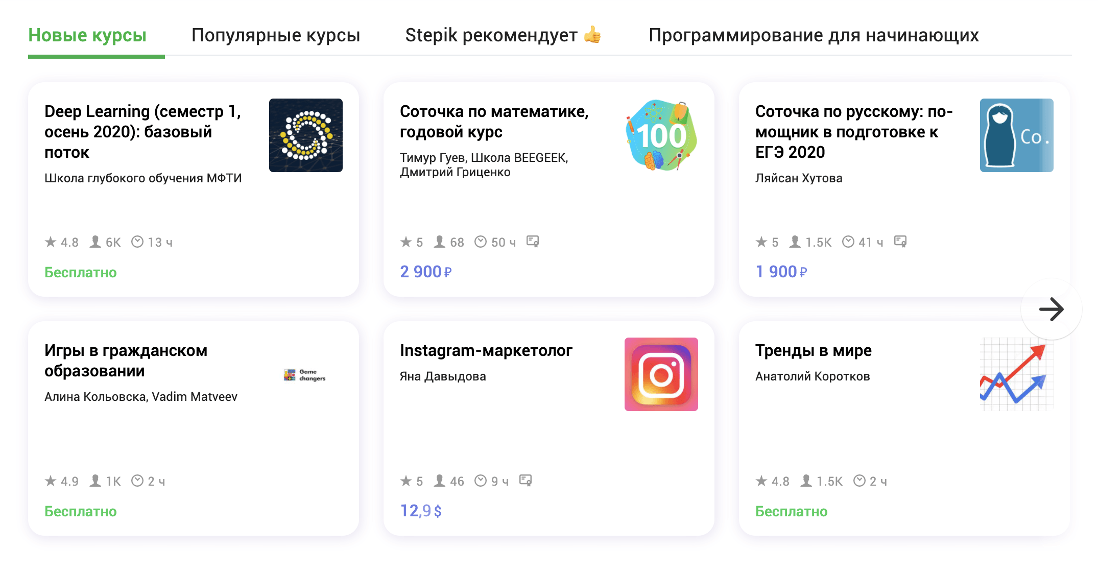 У каждого курса на «Стэпике» было не только описание с планом, но и отзывы с оценками. Так мне было легче понять, стоит ли вообще его проходить. Каталоги курсов на других платформах были устроены аналогично