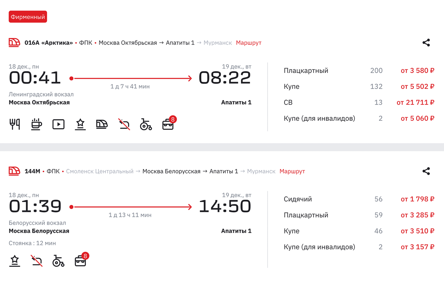 Проезд на фирменном поезде «Арктика» из Москвы в декабре 2023 года обойдется в 3580 ₽ за место в плацкартном вагоне. В сезон с Белорусского вокзала отправляется еще один состав, в нем за эту сумму можно поехать в купе. Источник: ticket.rzd.ru