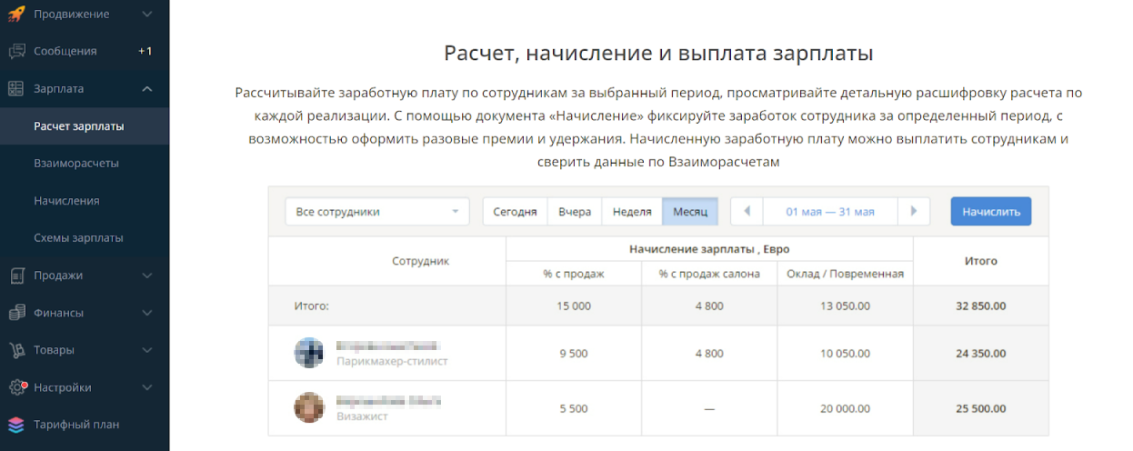 Пример расчета заработка сотрудников