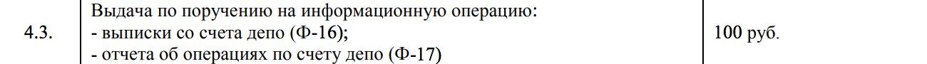 Тариф депозитария Брокера-1 на получение выписки. 100 ₽ за одно наименование бумаги