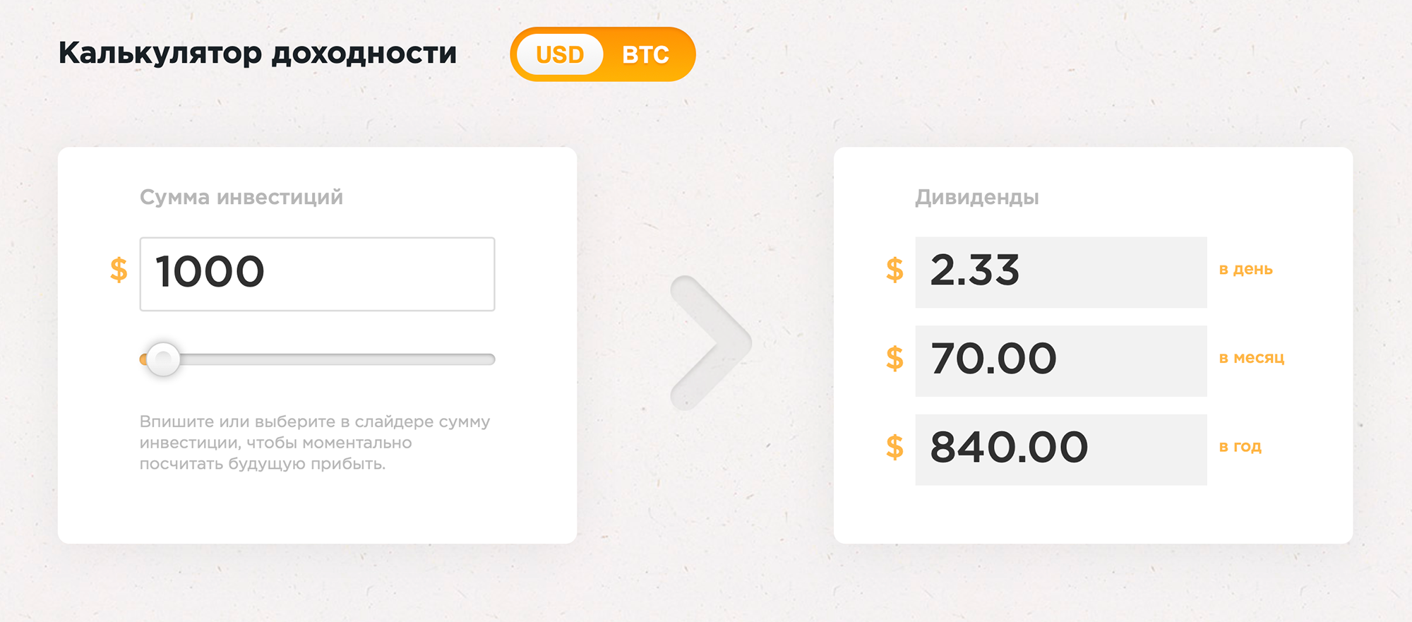 Калькулятор доходности на сайте BTC Trade