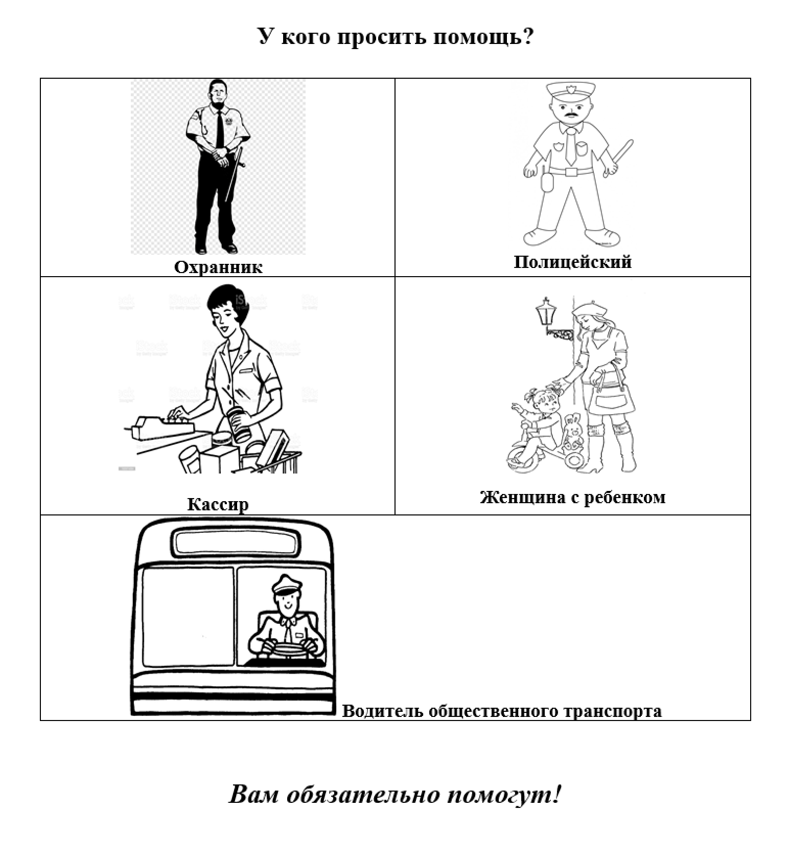 Наглядно о том, к кому относительно безопасно обращаться за помощью. Фрагмент из памятки, с которой дети работали на тренинге