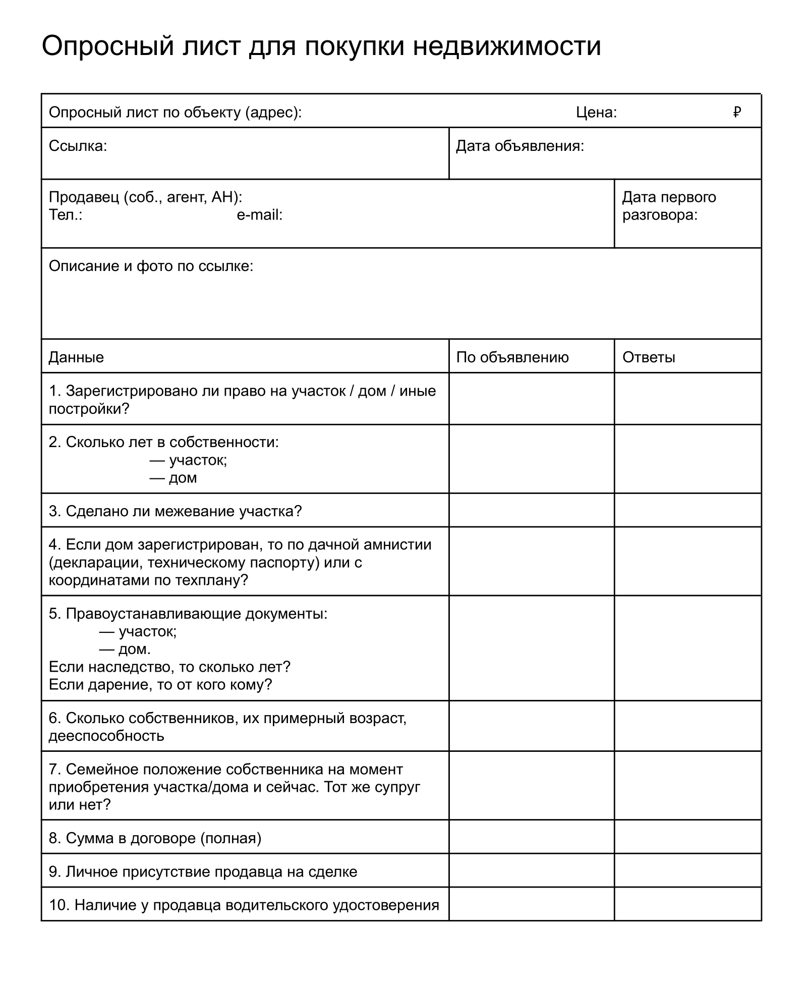 Распечатайте несколько экземпляров опросного листа из приложенного шаблона и заполняйте во время разговора с продавцом