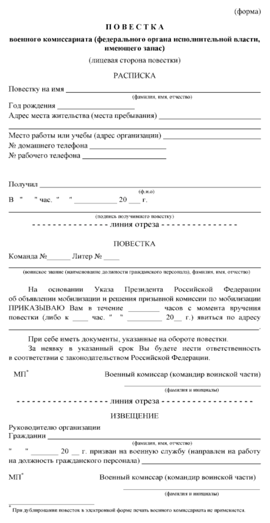 Так выглядит утвержденный правительством бланк повестки мобилизованным. У такой повестки единственная цель вызова — мобилизация