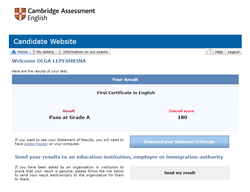 Так выглядит личный кабинет с результатами. Grade A — это высший уровень, соответствующий C1