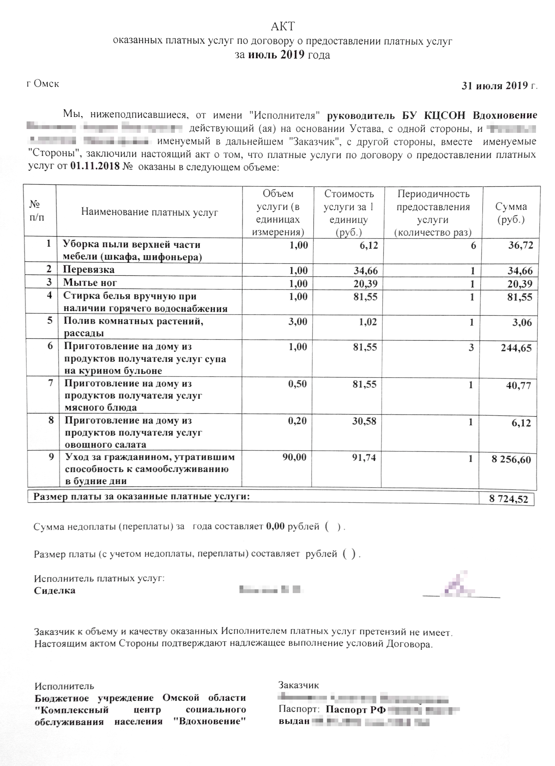 В акте согласованные услуги — это строка «Уход за гражданином, утратившим способность к самообслуживанию». Дополнительные и платные услуги — первые восемь позиций