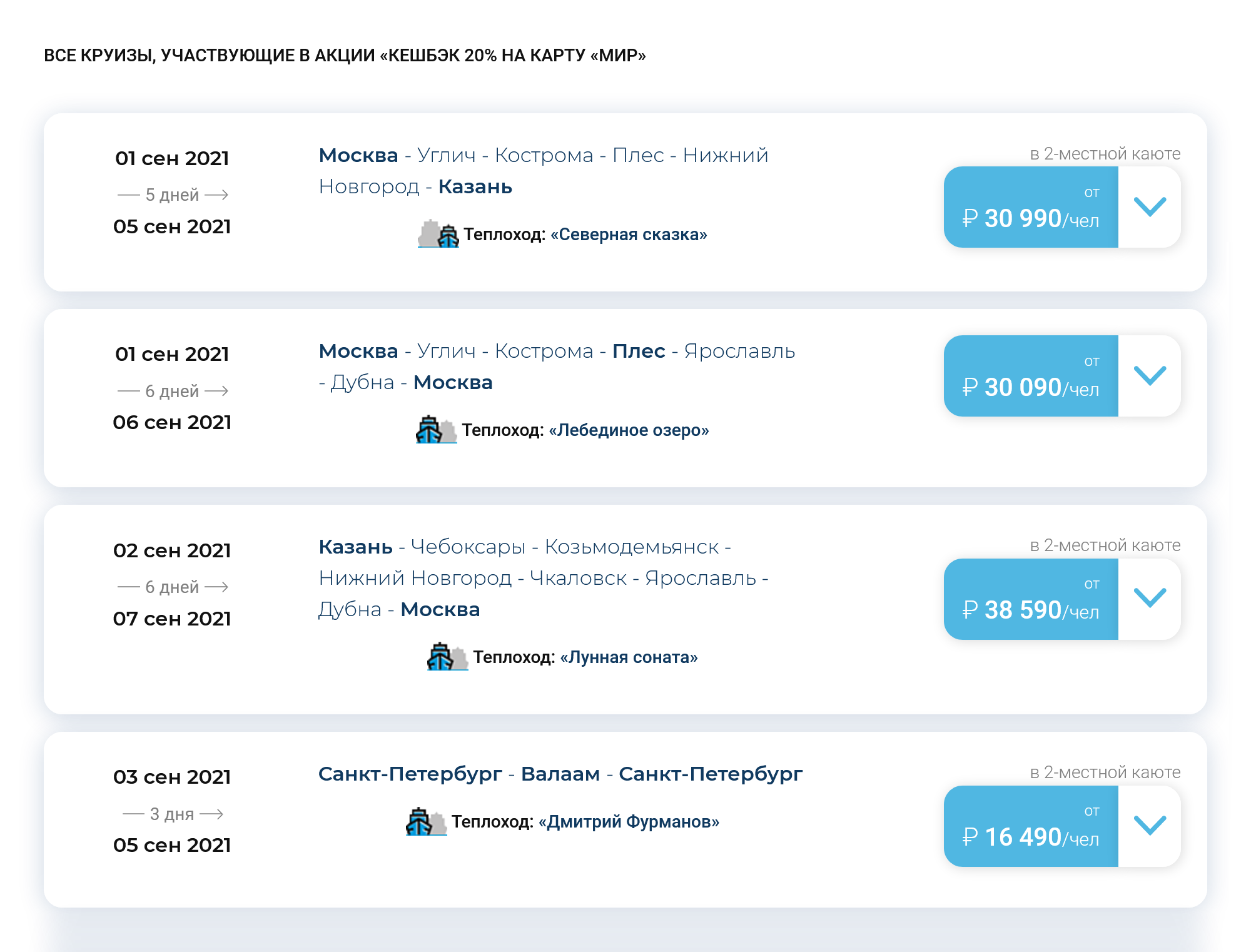 В акции участвуют и круизные компании. Например, можно прокатиться на теплоходе «Северная сказка» из Москвы через Углич, Кострому, Плес и Нижний Новгород в Казань. Когда турист пытается выбрать место, система сообщает, что каюта бронируется целиком. На двоих пятидневный круиз на нижней палубе обойдется в 61 980 ₽. Кэшбэк составит 12 396 ₽