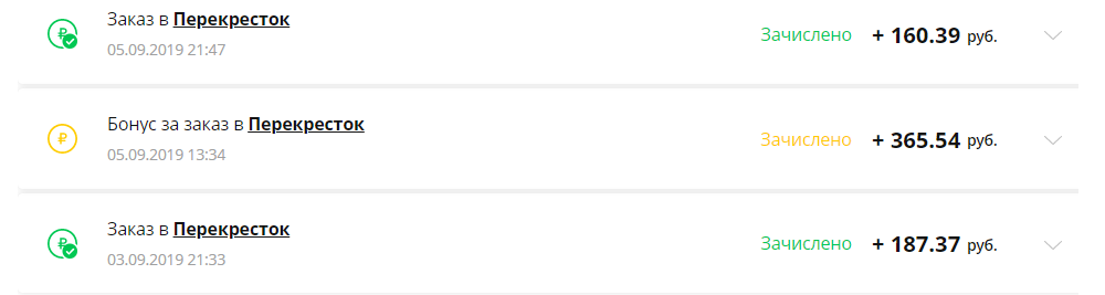 Это мои заказы в «Перекрестке». Два из них зачислились нормально, два потерялись. В результате «Летишопс» компенсировали мне кэшбэк, это называется «бонус за заказ»
