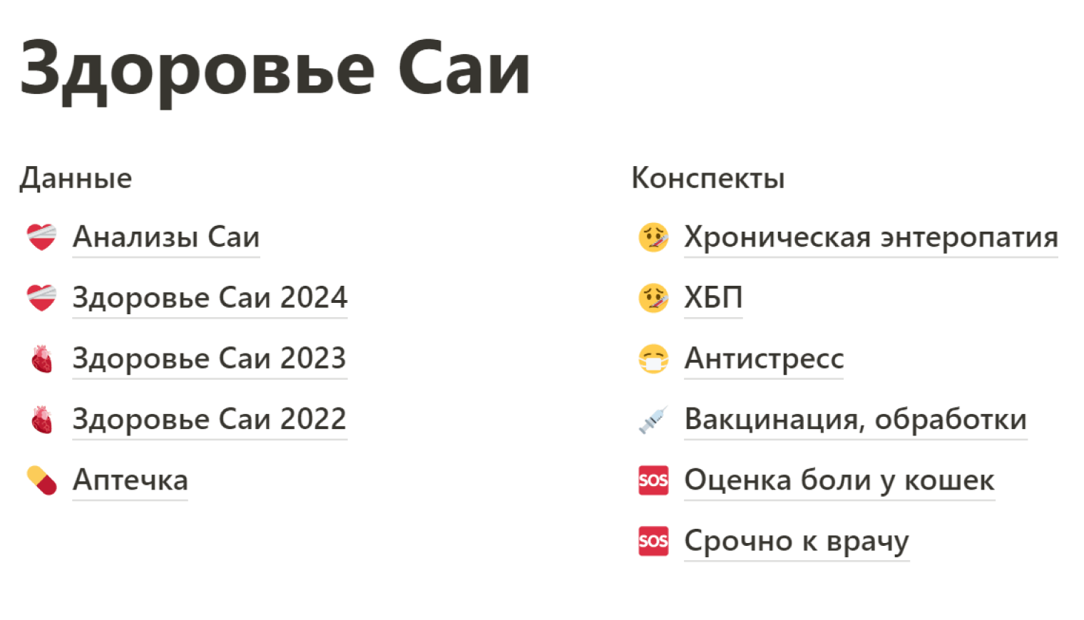 Так выглядит общая страничка про здоровье кошки. Вся информация — от конспектов важных лекций до данных по любому обострению — у меня под рукой